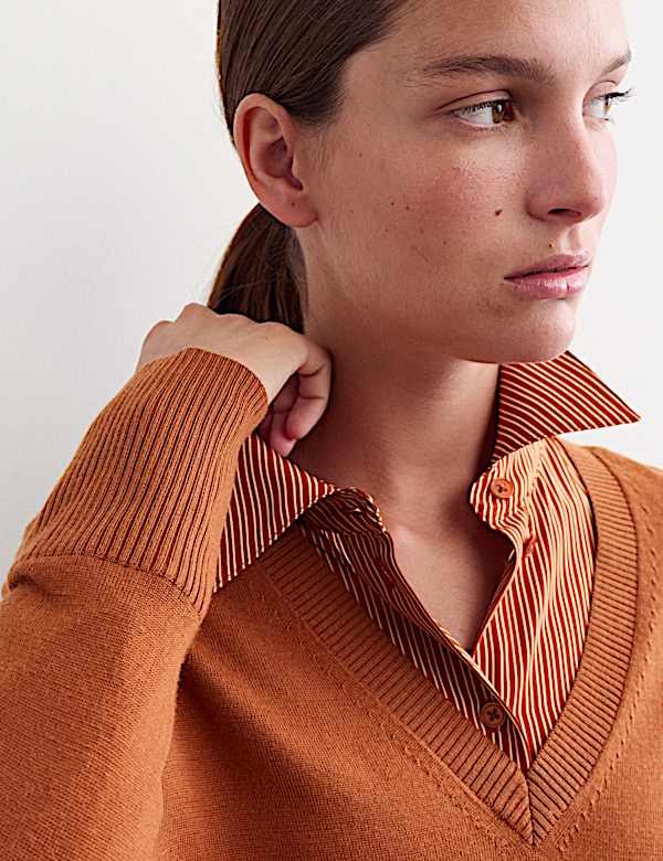 Pull en laine m&eacute;rinos avec soie &agrave; col en V - CH