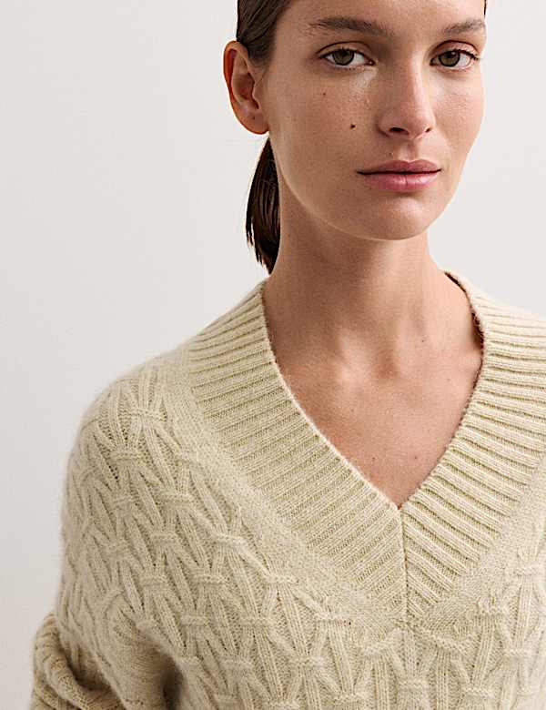 Alpaca Blend Cable Knit V-Neck Jumper with Cashmere - AU
