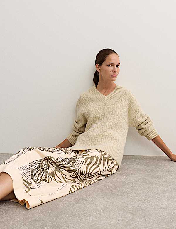 Alpaca Blend Cable Knit V-Neck Jumper with Cashmere - AU