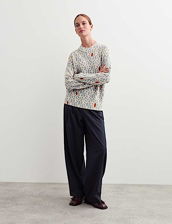 Pure Merino Wool Leaf Print Crew Neck Jumper - FR