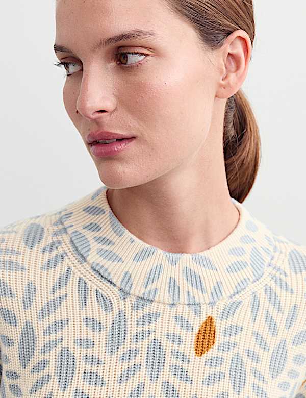 Pure Merino Wool Leaf Print Crew Neck Jumper - CA