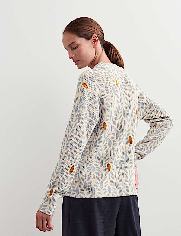 Pure Merino Wool Leaf Print Crew Neck Jumper - CA