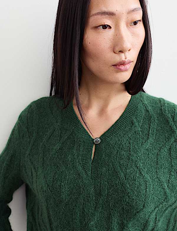 Mohair Cable Knit V Neck Keyhole Jumper - CA