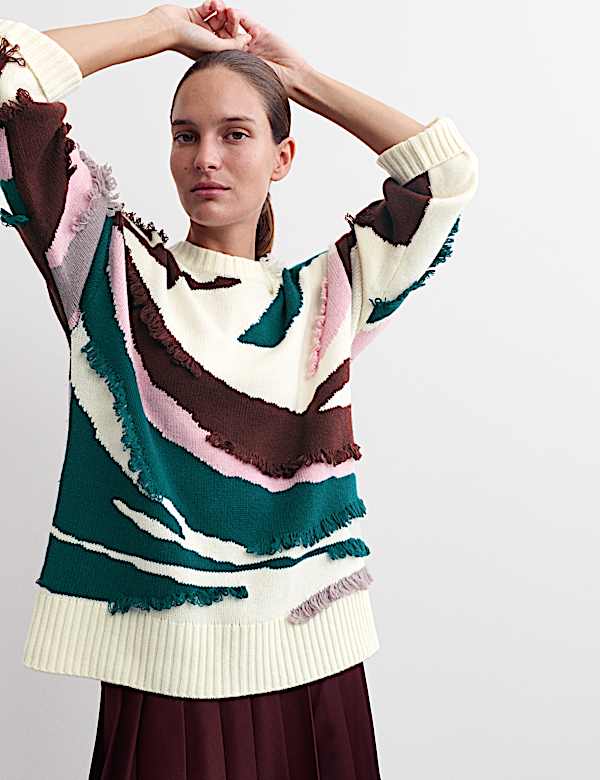 Pull texturé en laine avec cachemire à franges - FR