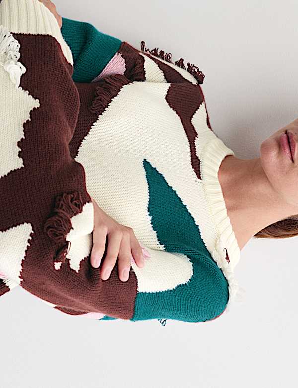 Pull texturé en laine avec cachemire à franges - FR