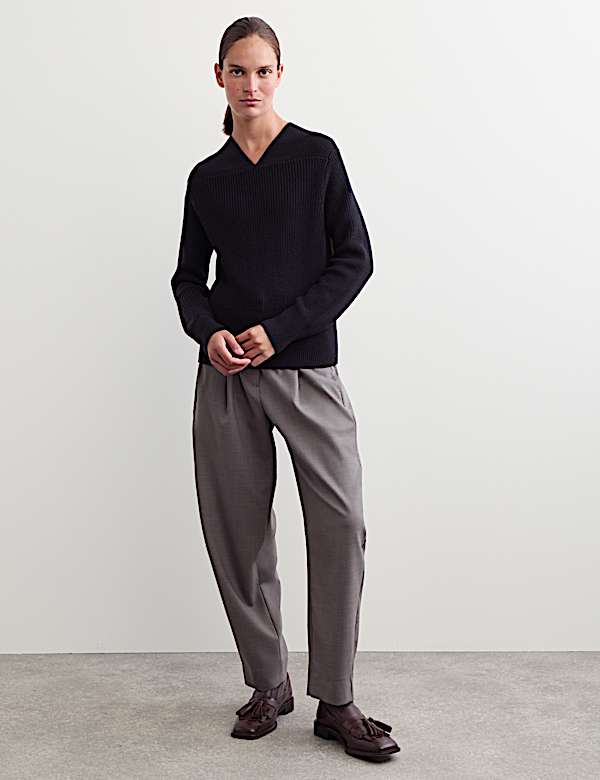 Pure Merino Wool Textured Notch Neck Jumper - NZ