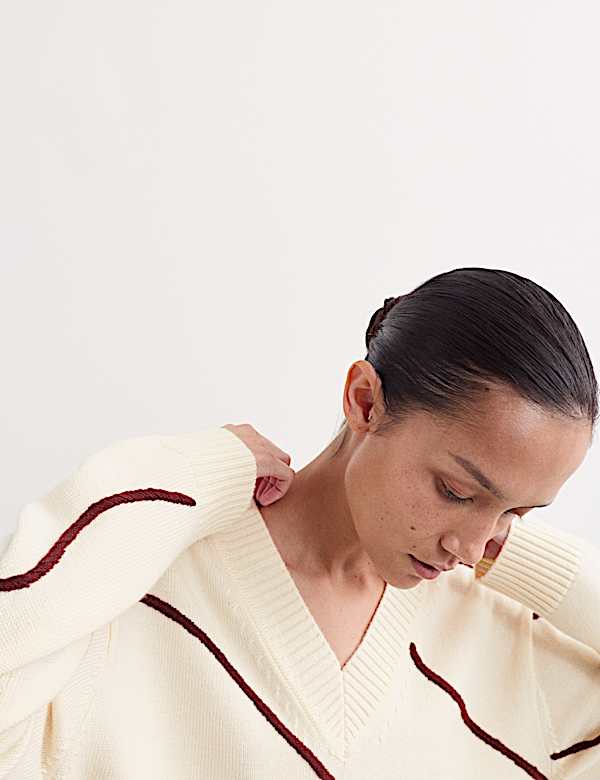 Merino Wool Embroidered Stripe V-Neck Jumper - BE