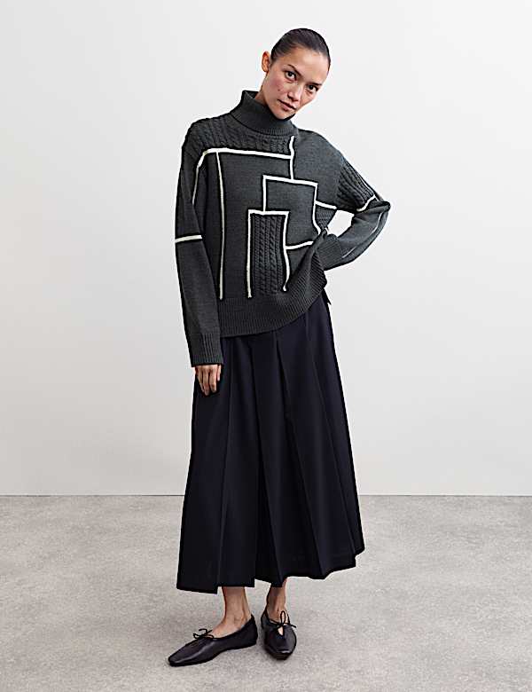 Merino Wool Block Funnel Neck Relaxed Jumper - FR