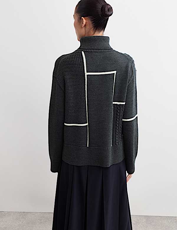 Merino Wool Block Funnel Neck Relaxed Jumper - FR