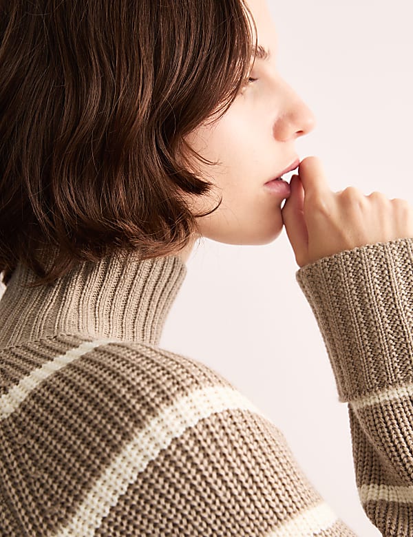 Pull 100 % laine de mérinos à col montant et rayures - FR