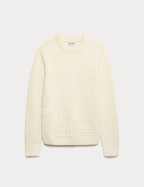 Jersey informal de lana de merino de punto trenzado con dise&ntilde;o de patchwork - ES