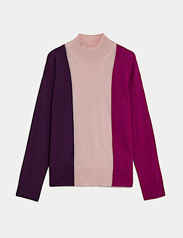 Jumper Wol Merino Murni Motif Blok Warna - ID