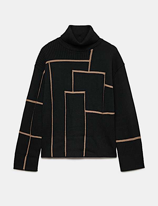 Pure Merino Wool Geometric Funnel Neck Jumper - CH