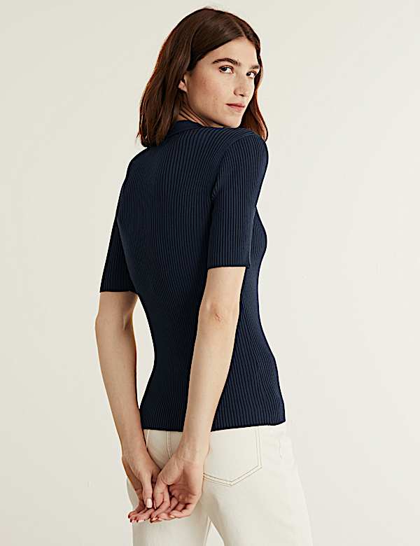 Ribbed Collared V-Neck Short Sleeve Top - CA