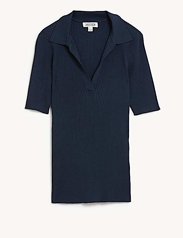 Ribbed Collared V-Neck Short Sleeve Top - CA