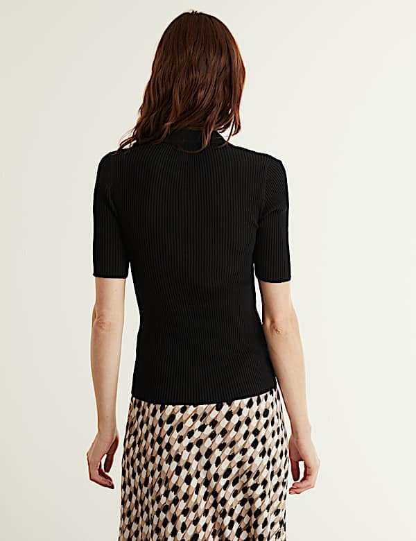 Ribbed Collared V-Neck Short Sleeve Top - CA
