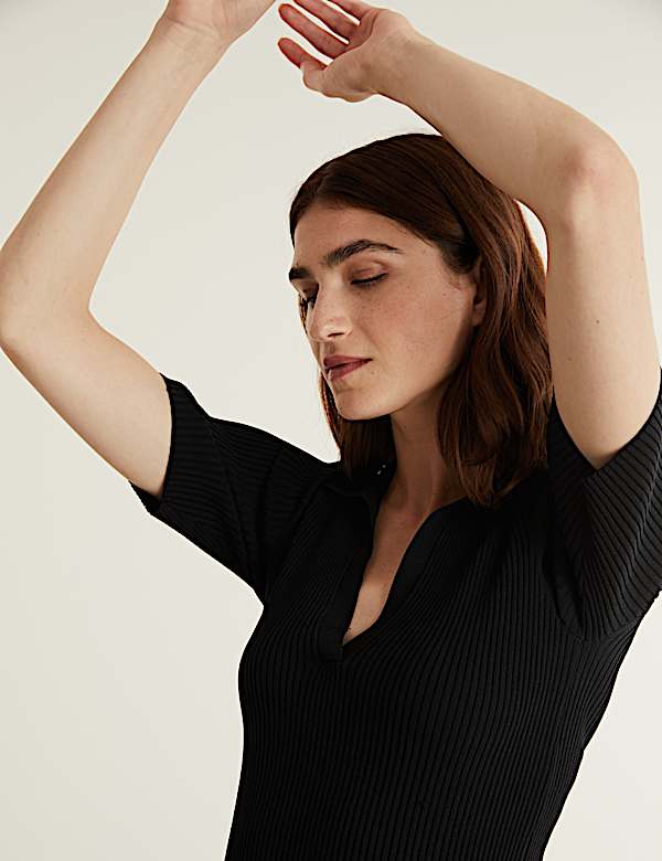 Ribbed Collared V-Neck Short Sleeve Top - CA