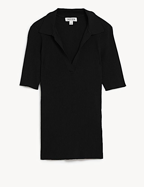 Ribbed Collared V-Neck Short Sleeve Top - CA