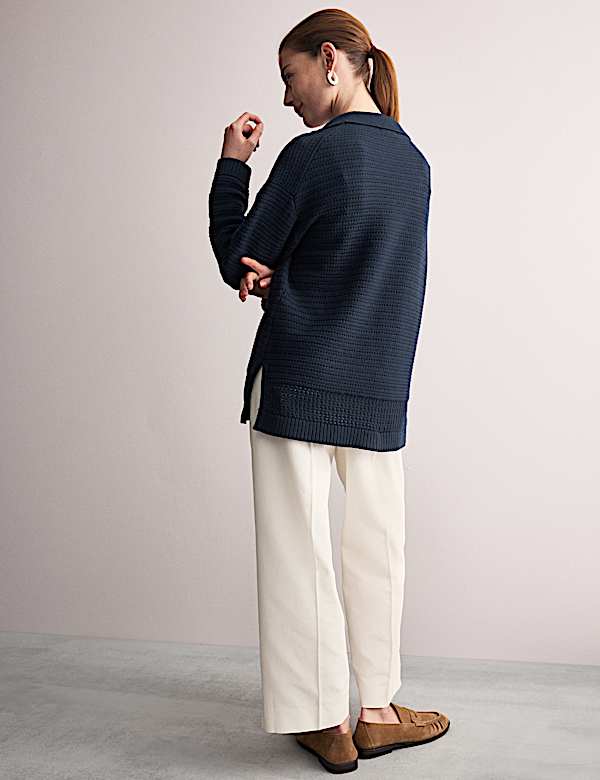 Zuiver katoenen, ruimvallende trui met kraag en structuur - BE