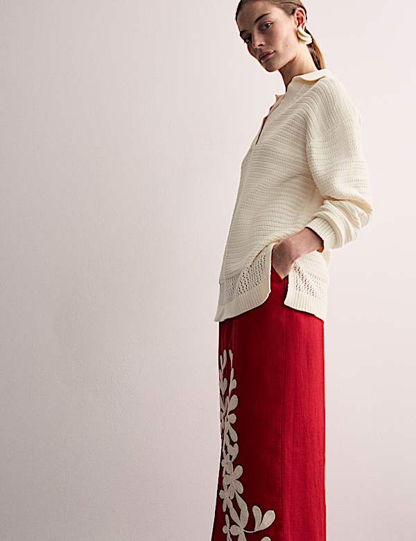 Zuiver katoenen, ruimvallende trui met kraag en structuur - BE