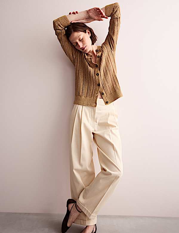 Linen Blend Open Knit Button Front Cardigan - AU