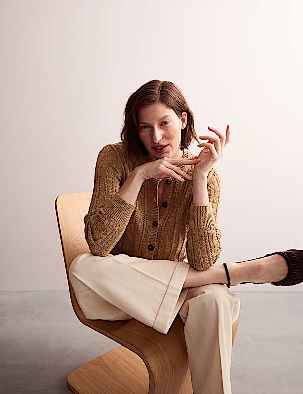 Linen Blend Open Knit Button Front Cardigan - AU