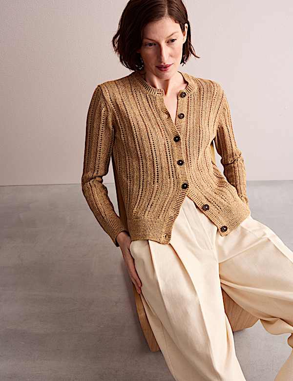 Linen Blend Open Knit Button Front Cardigan - AU