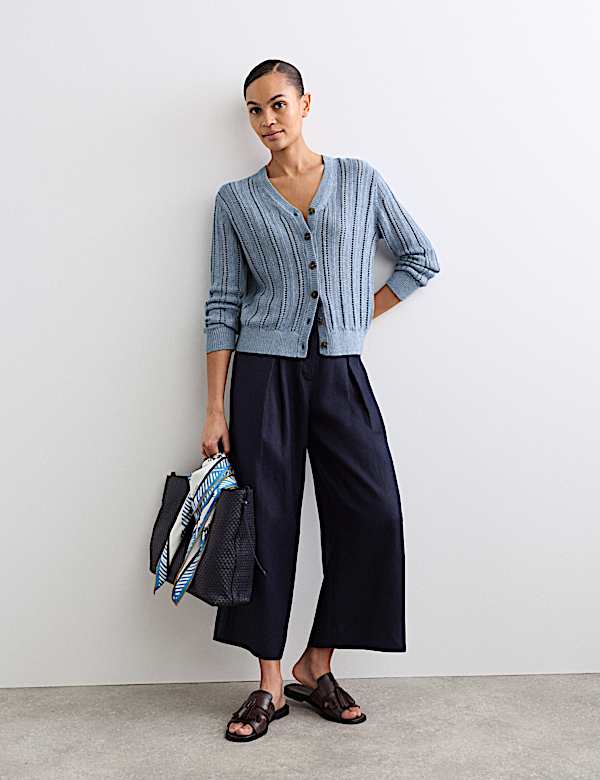 Cotton Rich Textured Open Knit V-Neck Cardigan - AU