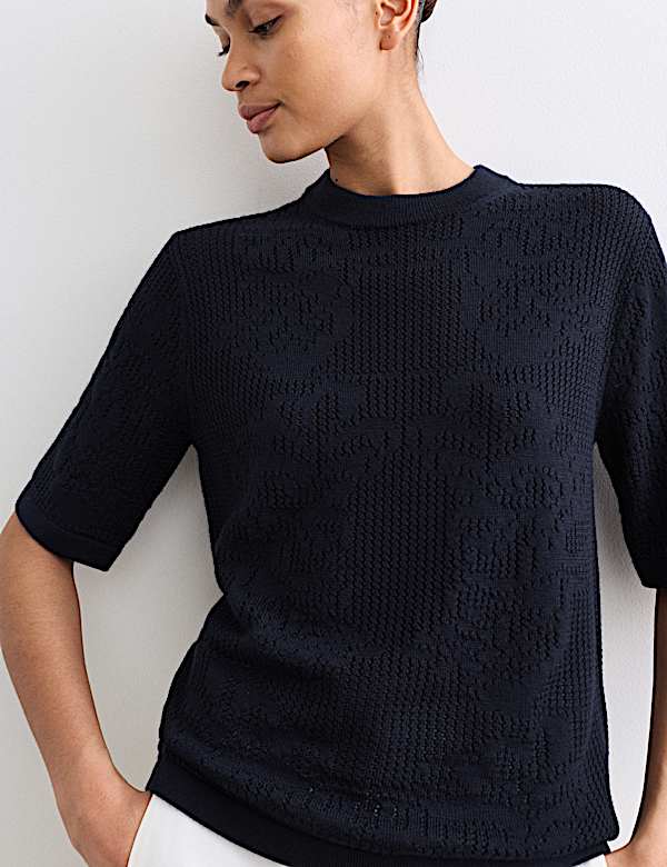 Pure Merino Wool Pointelle Knitted T-Shirt - CA