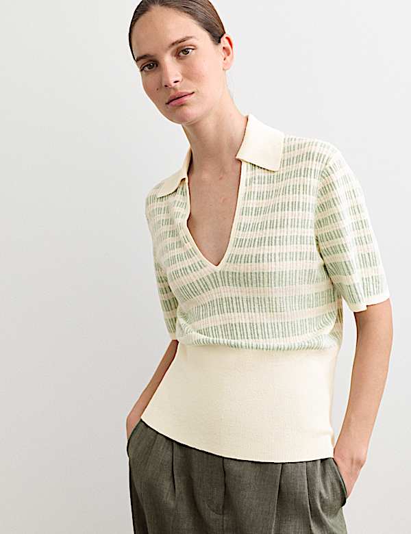 Linen Rich Striped Collared Knitted T-Shirt - CH