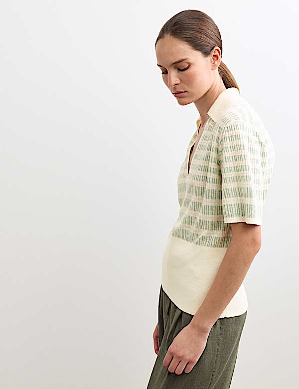 Linen Rich Striped Collared Knitted T-Shirt - CH