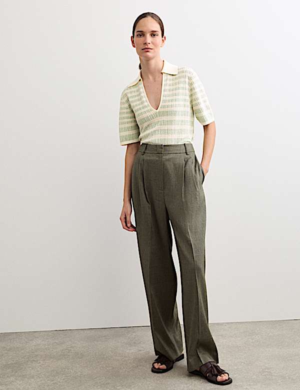 Linen Rich Striped Collared Knitted T-Shirt - CH