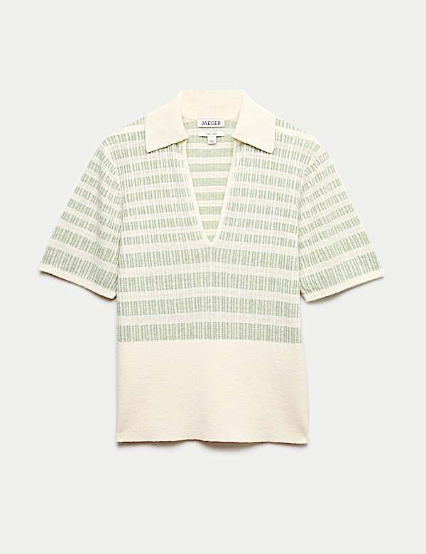 Linen Rich Striped Collared Knitted T-Shirt - CH