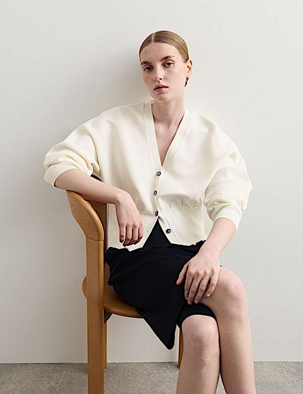 Cotton Blend Pleat Waist Cardigan - FR