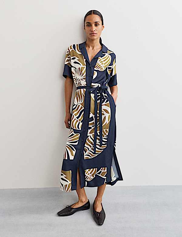 Robe chemise midi à rayure latérale et imprimé feuilles - FR