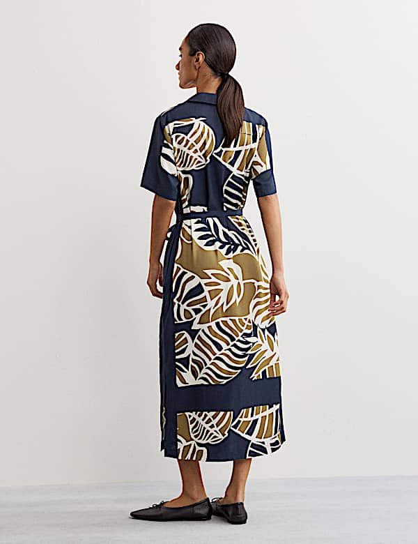 Vestido camisero a media pierna de rayas laterales con estampado de hojas - ES