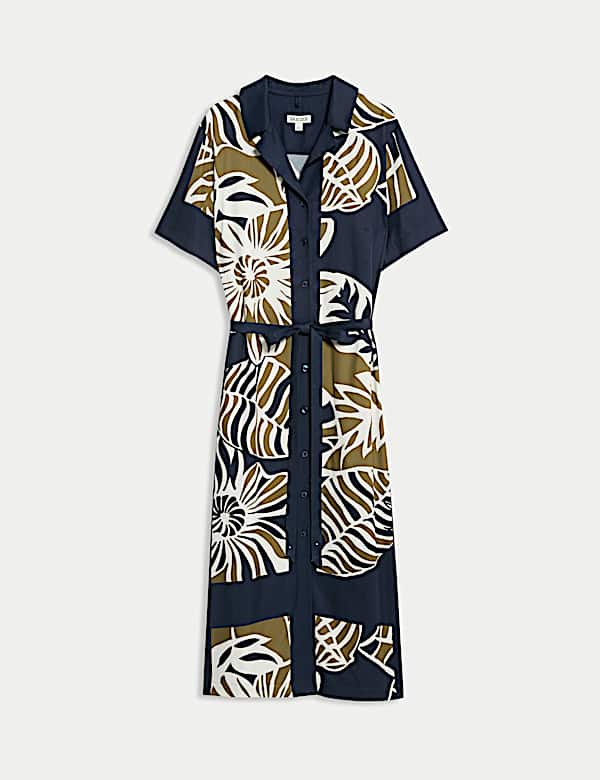 Vestido camisero a media pierna de rayas laterales con estampado de hojas - ES