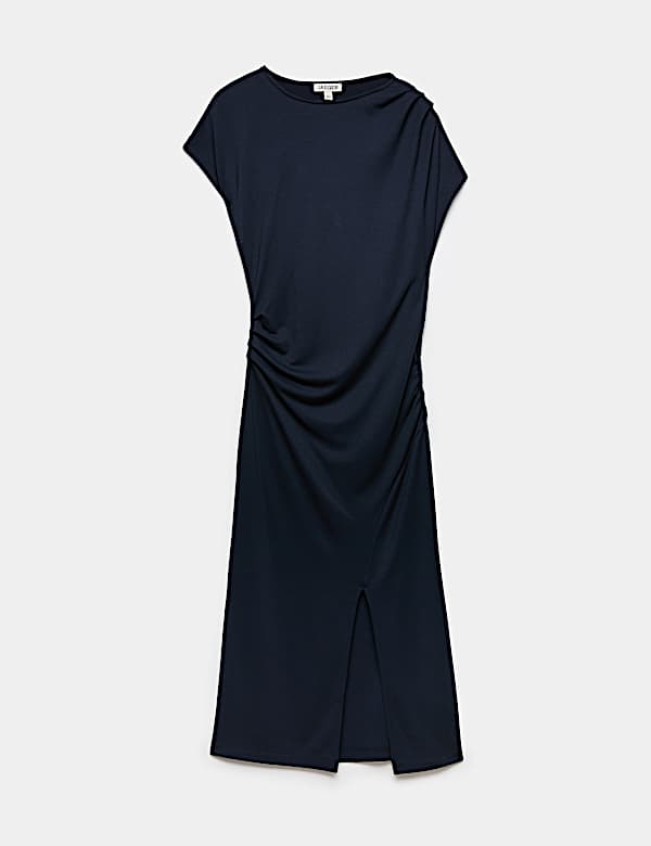 Robe midi coupe droite en jersey &agrave; motif ruch&eacute; - CA