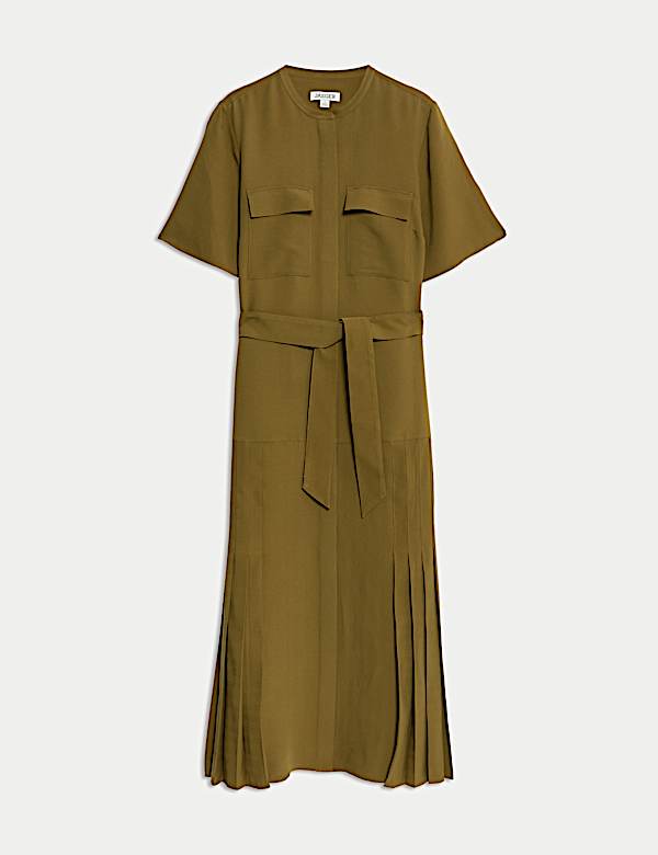 Robe chemise midi plissée sans encolure à motif chevrons et nœud à la taille - CA