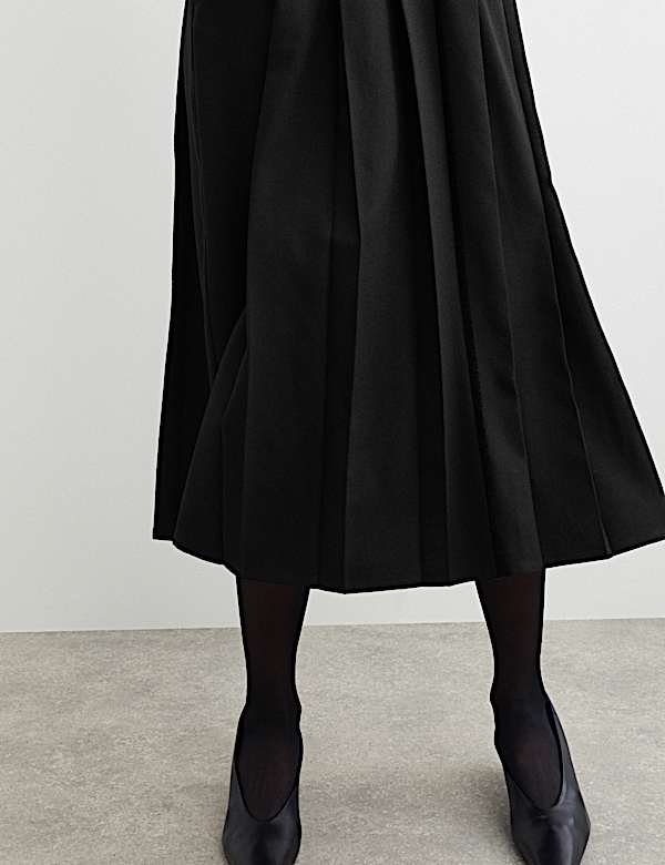 Wool Blend Pleated V Neck Midi Waisted Dress - NZ