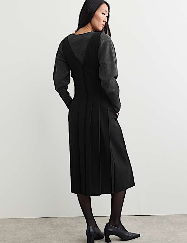 Wool Blend Pleated V Neck Midi Waisted Dress - NZ