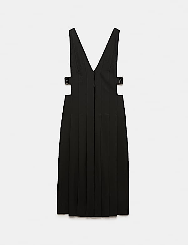 Wool Blend Pleated V Neck Midi Waisted Dress - NZ