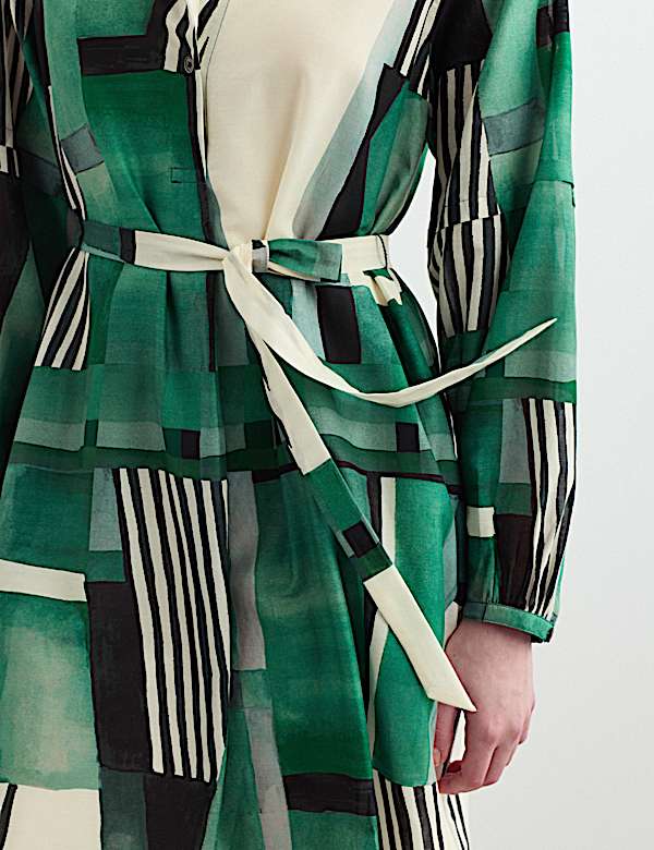 Cotton Silk Blend Geometric Midi Shirt Dress - IT