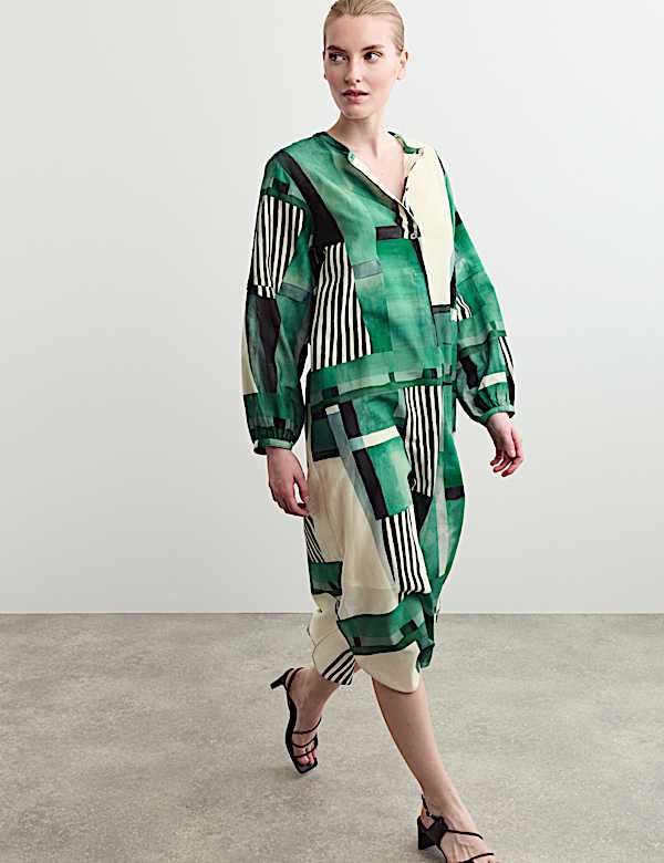Cotton Silk Blend Geometric Midi Shirt Dress - IT