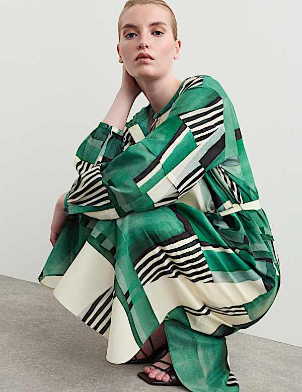 Cotton Silk Blend Geometric Midi Shirt Dress - IT