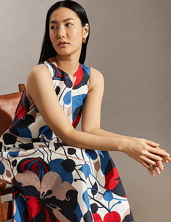 Robe midi coupe droite 100&nbsp;% lin à col V et motif fleuri - CA