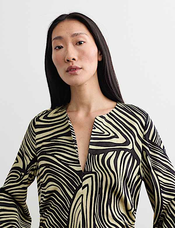 Pure Viscose Printed Notch Neck Knee Length Shift Dress - NZ