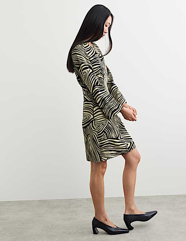 Pure Viscose Printed Notch Neck Knee Length Shift Dress - NZ