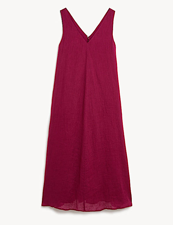 Gaun Terusan Maxi Kerah V Linen Murni - ID