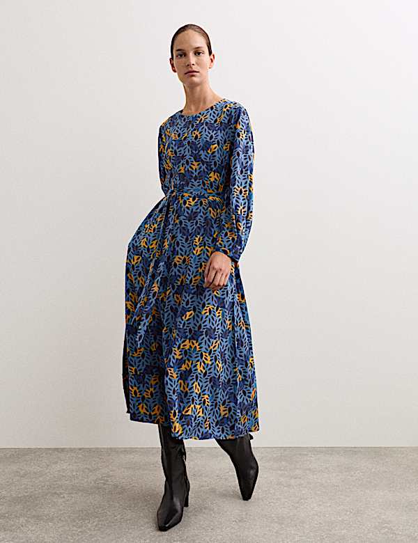 Pure Silk Leaf Print Midi Dress - GR